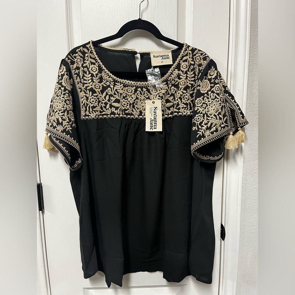 Savanna Jane Black and White Embroidered Blouse